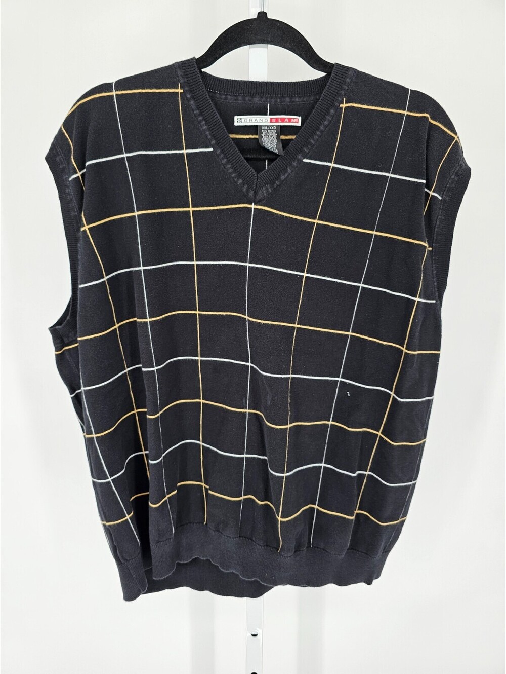 Vtg 1990s Grand Slam Golf Mens Sz XXL Sweater Vest V Neck Black Plaid